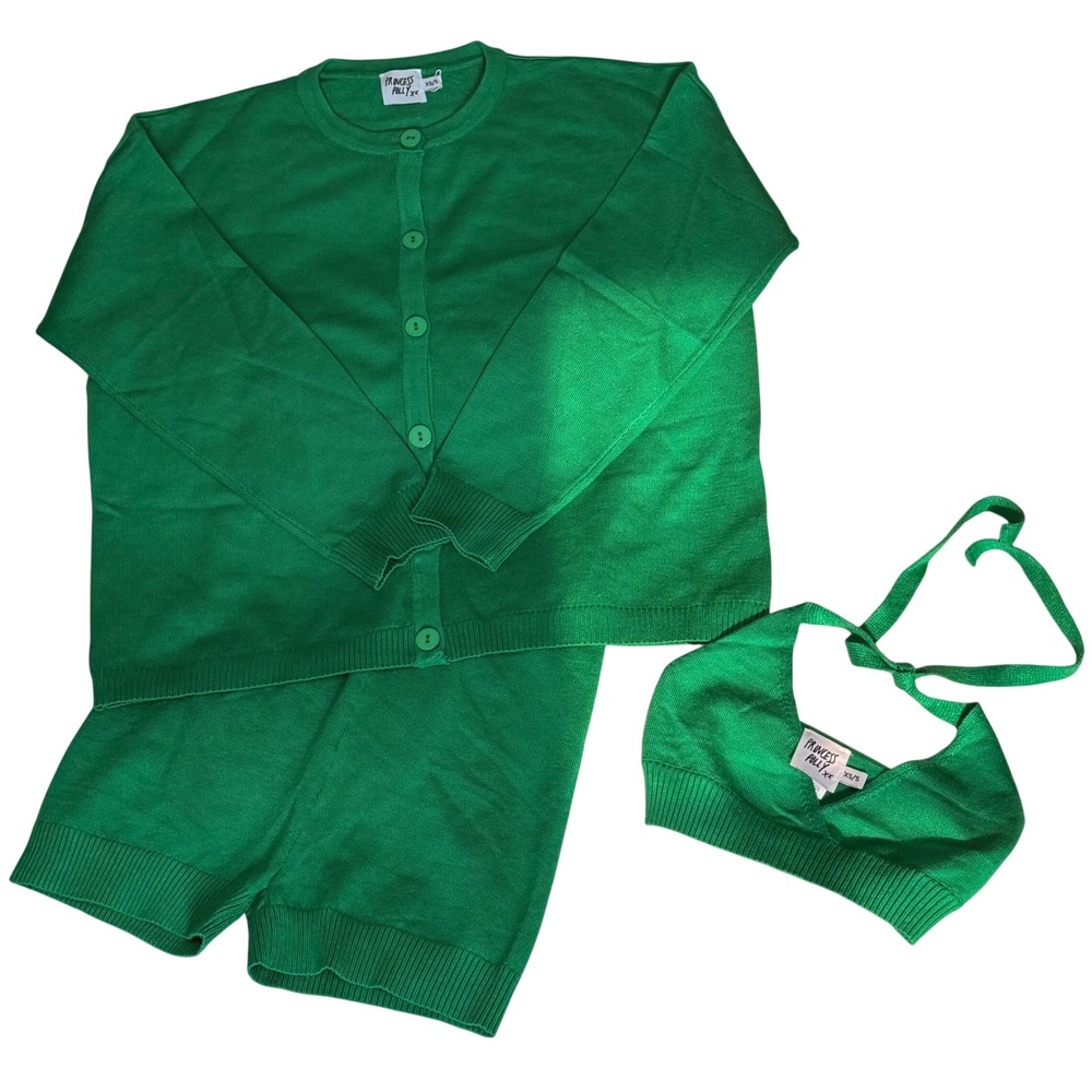 Princess Polly Green Knit 3 Pc Set Cardigan Halter Top Shorts XS/S NWOT SOFT